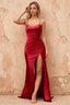 Karen Burgundy Satin Pleated Slit Maxi Dress