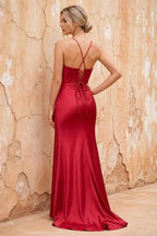 Karen Burgundy Satin Pleated Slit Maxi Dress