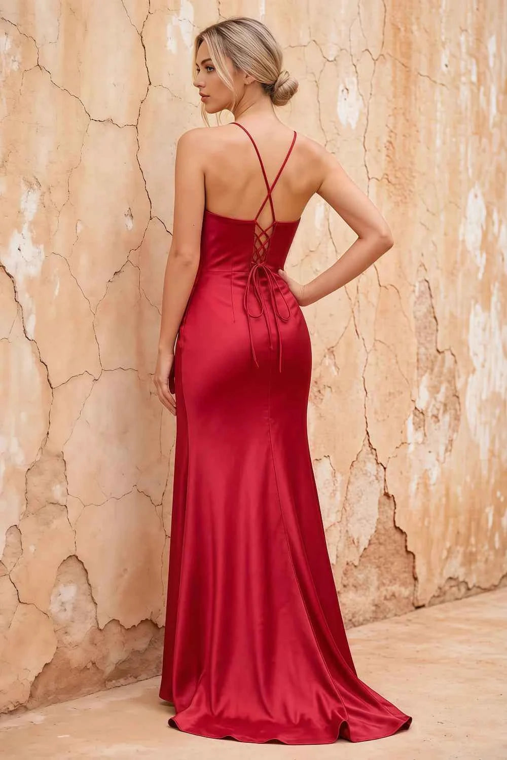 Karen Burgundy Satin Pleated Slit Maxi Dress