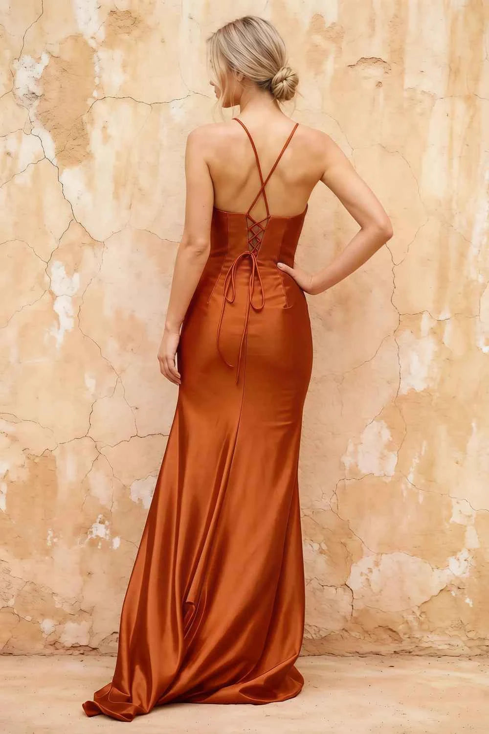 Karen Burnt Orange Satin Pleated Slit Maxi Dress