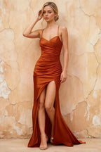 Karen Burnt Orange Satin Pleated Slit Maxi Dress