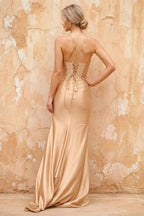 Karen Champagne Satin Pleated Slit Maxi Dress