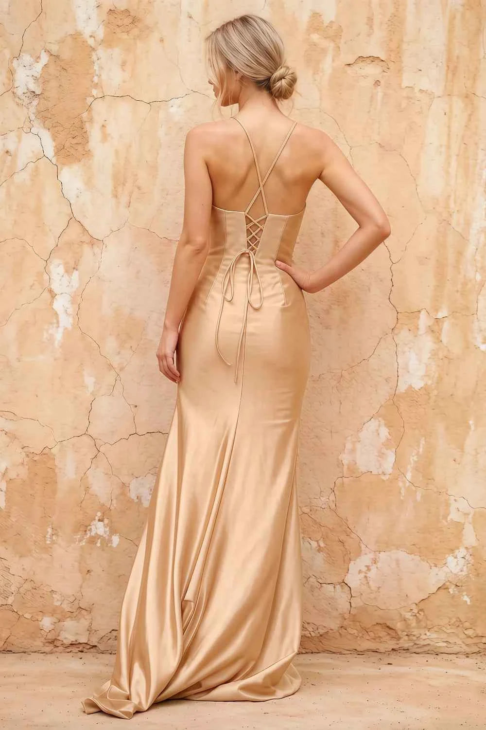 Karen Champagne Satin Pleated Slit Maxi Dress