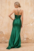 Karen Dark Green Satin Pleated Slit Maxi Dress