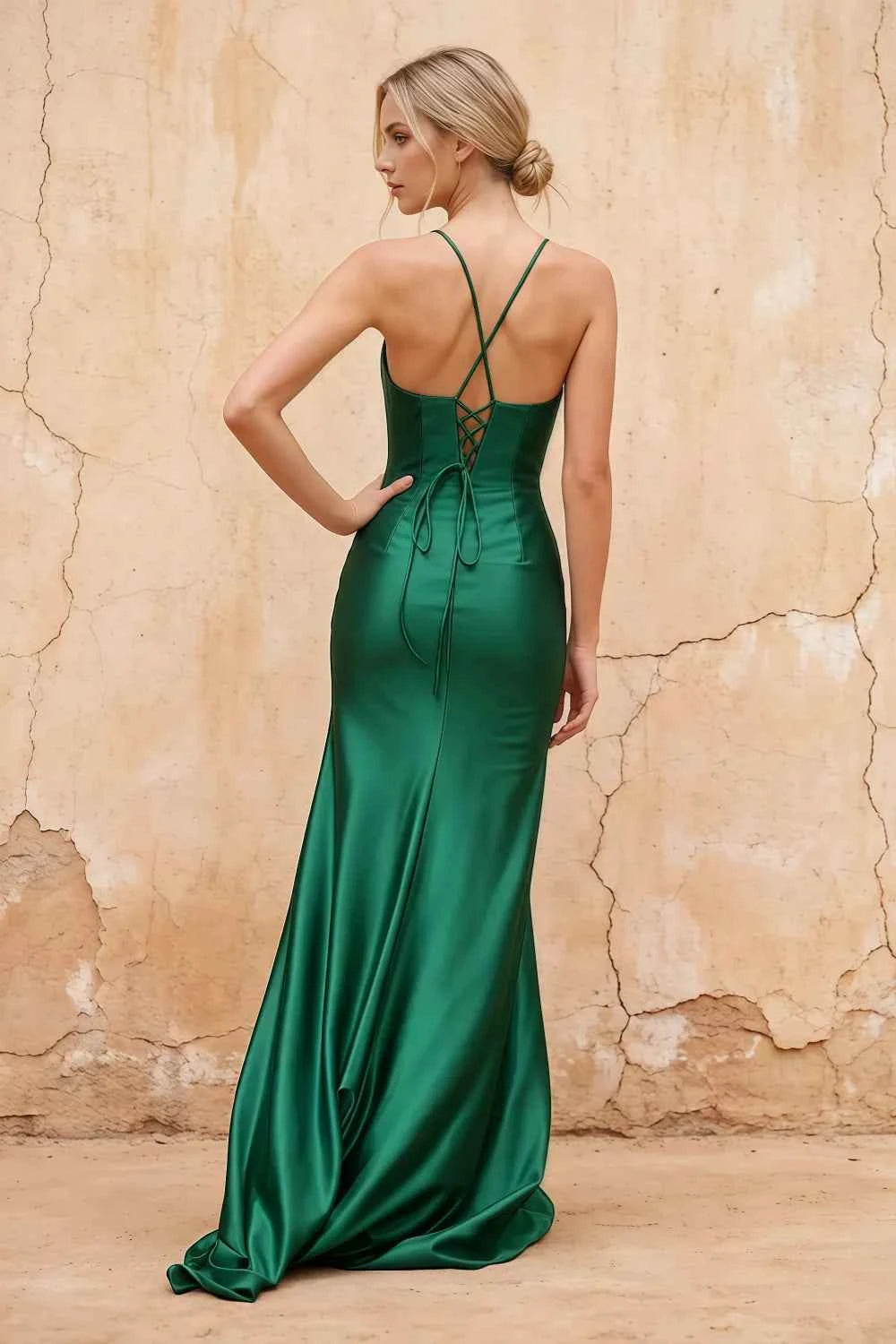 Karen Dark Green Satin Pleated Slit Maxi Dress