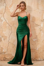 Karen Dark Green Satin Pleated Slit Maxi Dress