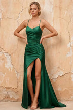 Karen Dark Green Satin Pleated Slit Maxi Dress