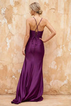 Karen Dark Purple Satin Pleated Slit Maxi Dress