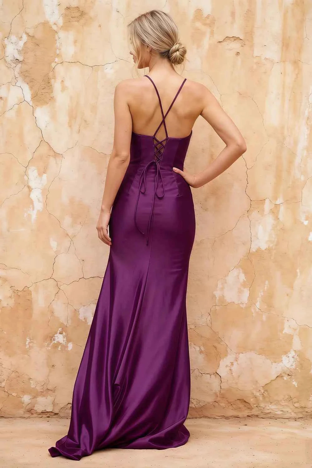 Karen Dark Purple Satin Pleated Slit Maxi Dress