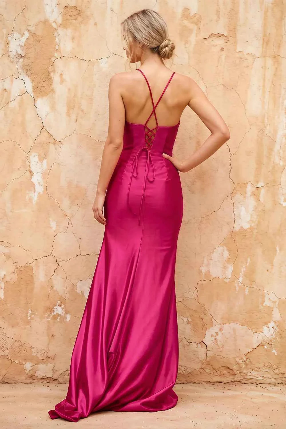 Karen Fuchsia Satin Pleated Slit Maxi Dress Main image