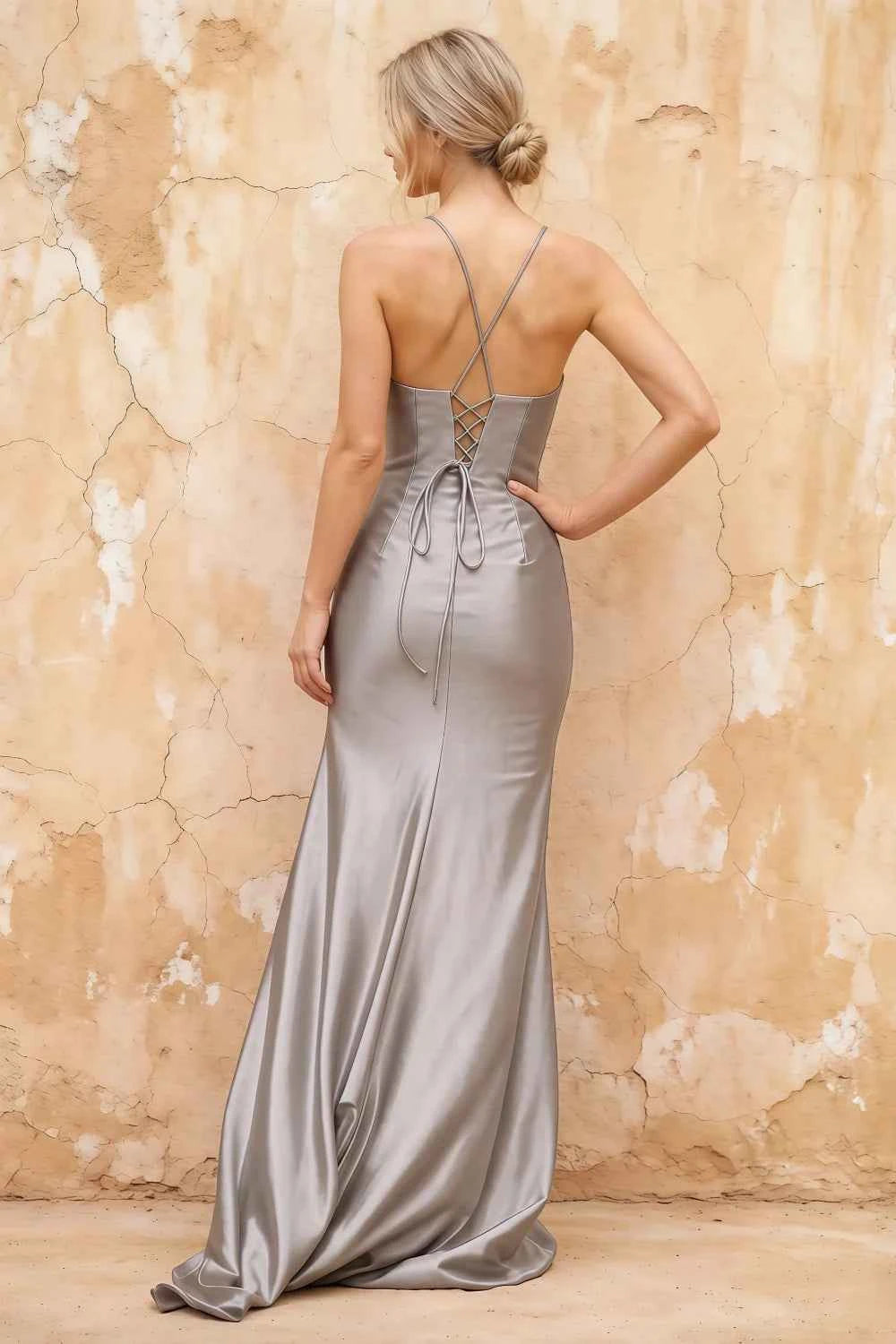 Karen Grey Satin Pleated Slit Maxi Dress Secondary image