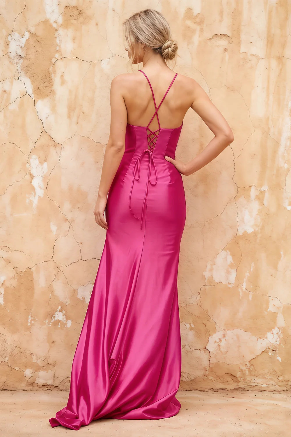 Karen Hot Pink Satin Pleated Slit Maxi Dress Secondary image