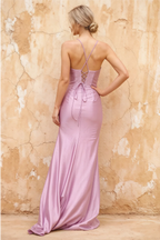 Karen Lavender Satin Pleated Slit Maxi Dress