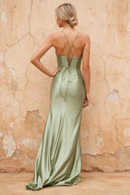Karen Mint Satin Pleated Slit Maxi Dress