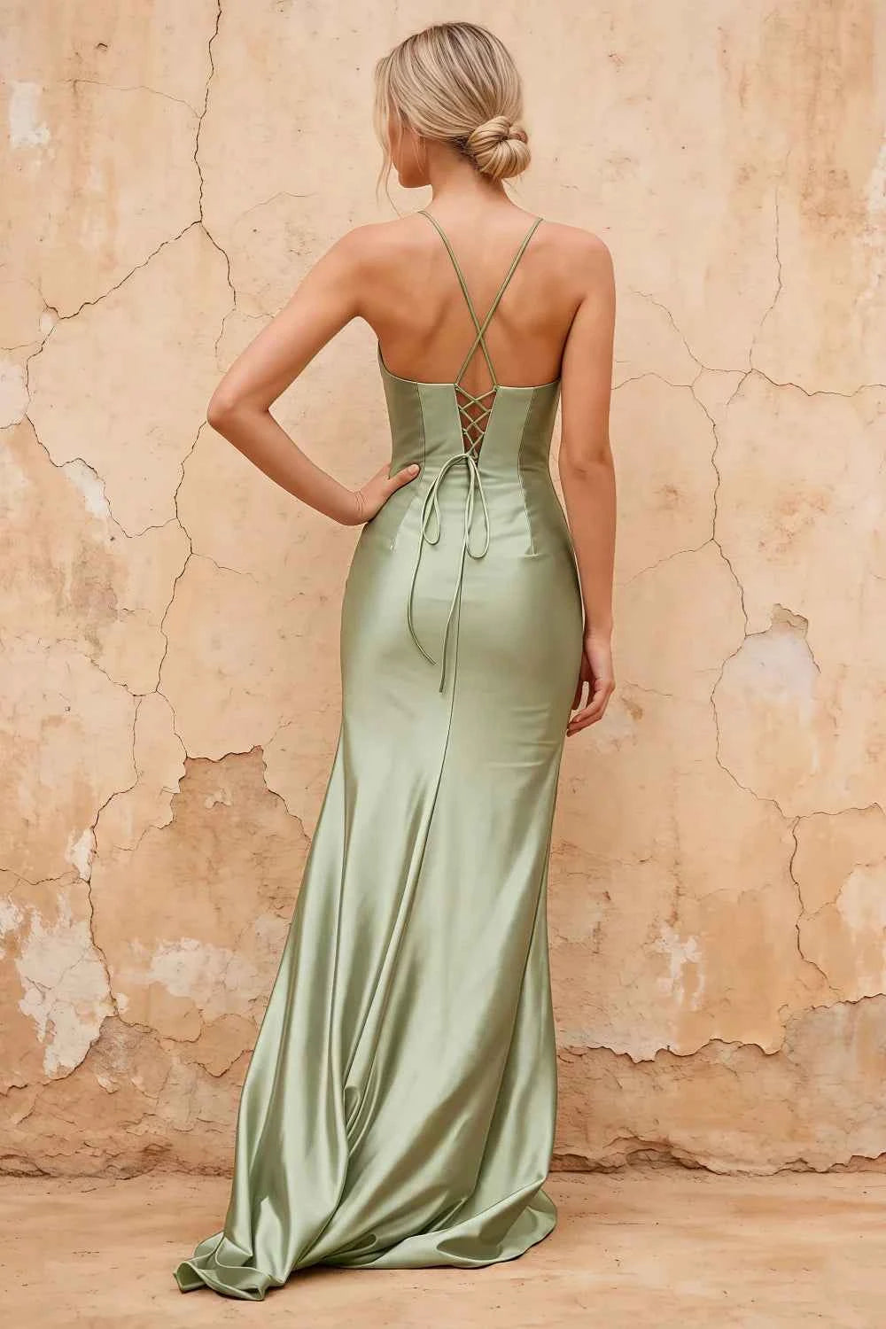 Karen Mint Satin Pleated Slit Maxi Dress