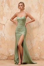 Karen Mint Satin Pleated Slit Maxi Dress