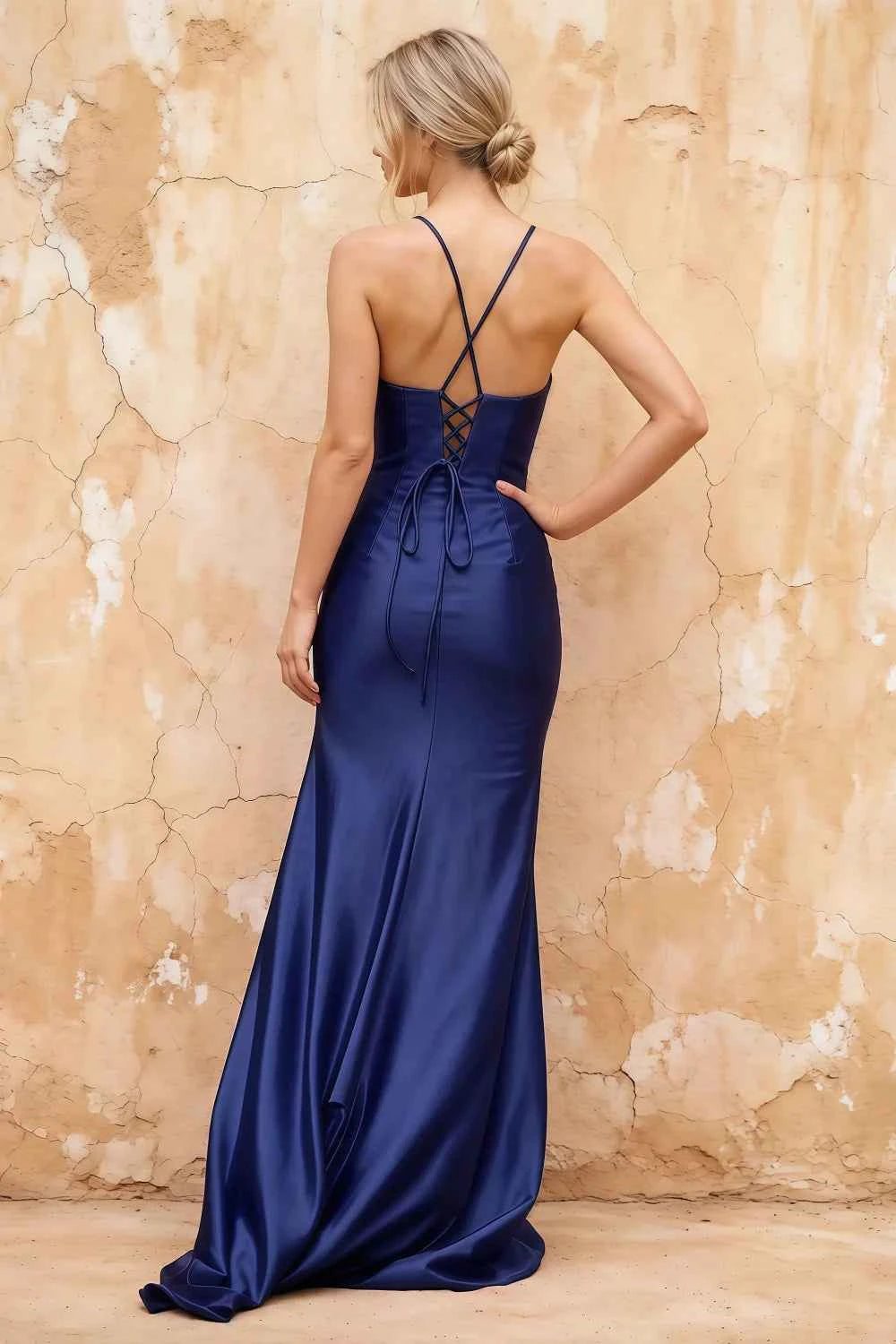 Karen Navy Blue Satin Pleated Slit Maxi Dress