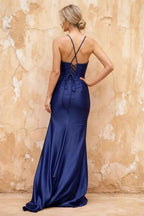 Karen Navy Blue Satin Pleated Slit Maxi Dress