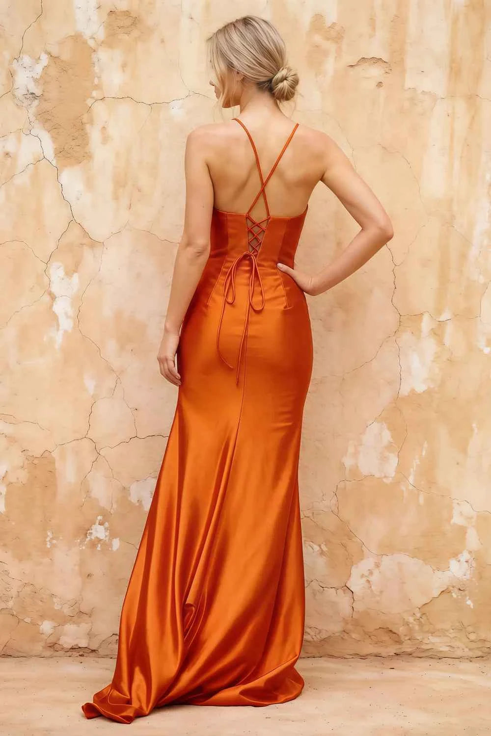 Karen Orange Satin Pleated Slit Maxi Dress