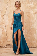 Karen Peacock Satin Pleated Slit Maxi Dress
