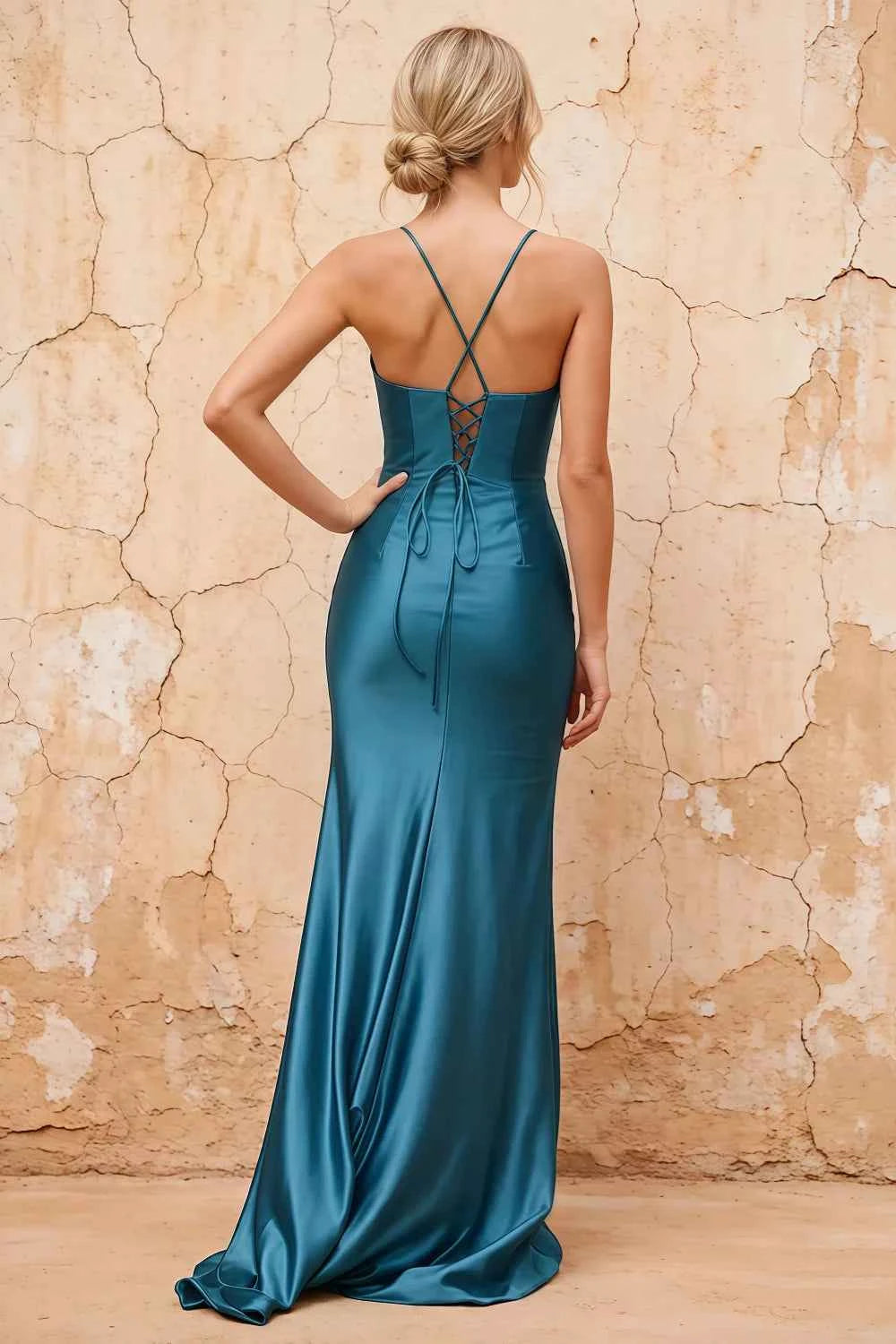 Karen Peacock Satin Pleated Slit Maxi Dress