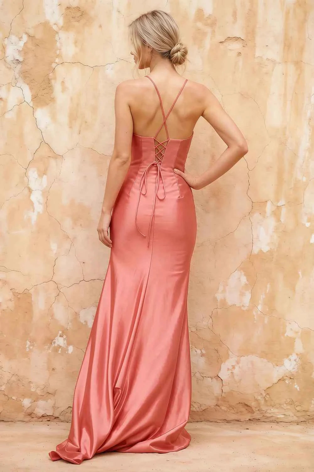 Karen Pink Satin Pleated Slit Maxi Dress