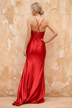 Karen Red Satin Pleated Slit Maxi Dress