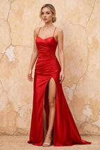 Karen Red Satin Pleated Slit Maxi Dress