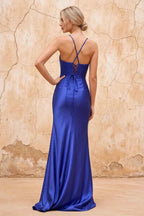 Karen Royal Blue Satin Pleated Slit Maxi Dress