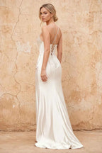 Karen White Satin Pleated Slit Maxi Dress