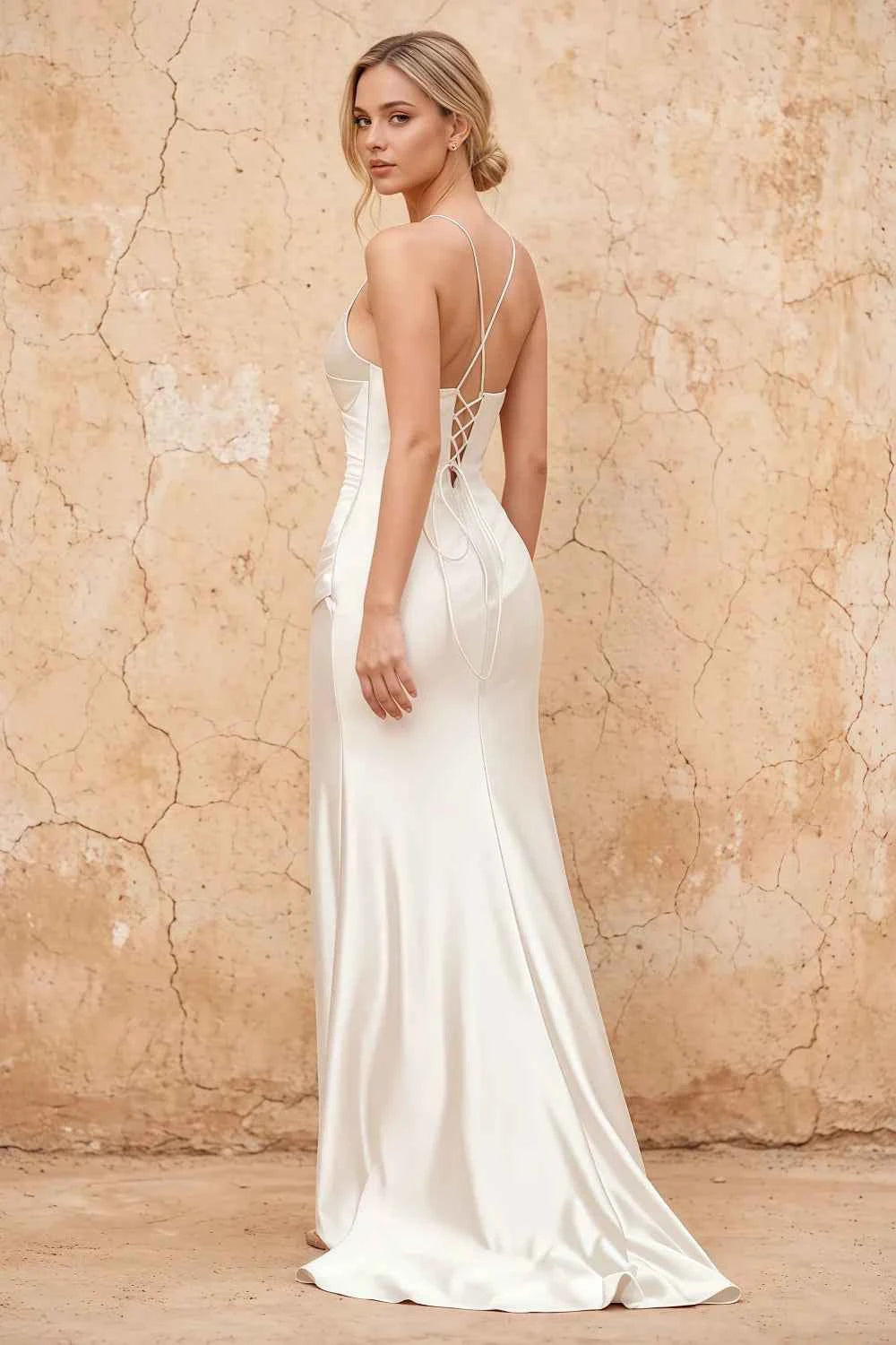 Karen White Satin Pleated Slit Maxi Dress