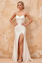 Karen White Satin Pleated Slit Maxi Dress