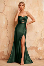 Karina Dark Green Satin Cutout Mermaid Maxi Dress