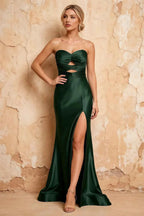 Karina Dark Green Satin Cutout Mermaid Maxi Dress