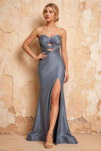Karina Dusty Blue Satin Cutout Mermaid Maxi Dress