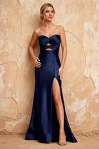 Karina Navy Blue Satin Cutout Mermaid Maxi Dress