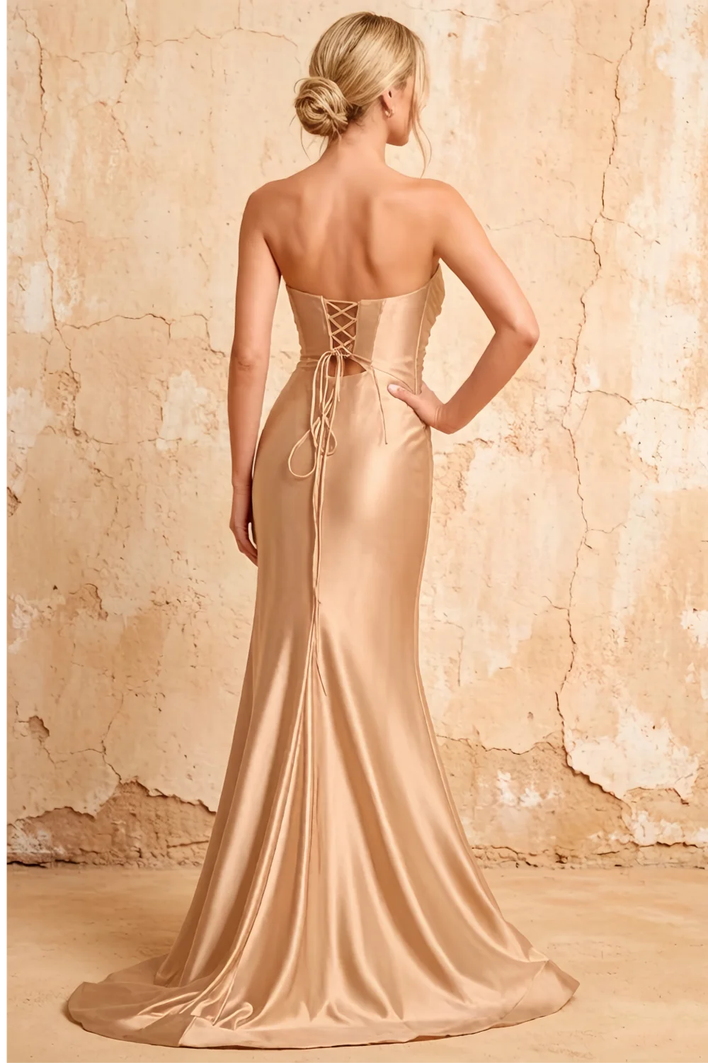 Karina Rose Gold Satin Cutout Mermaid Maxi Dress