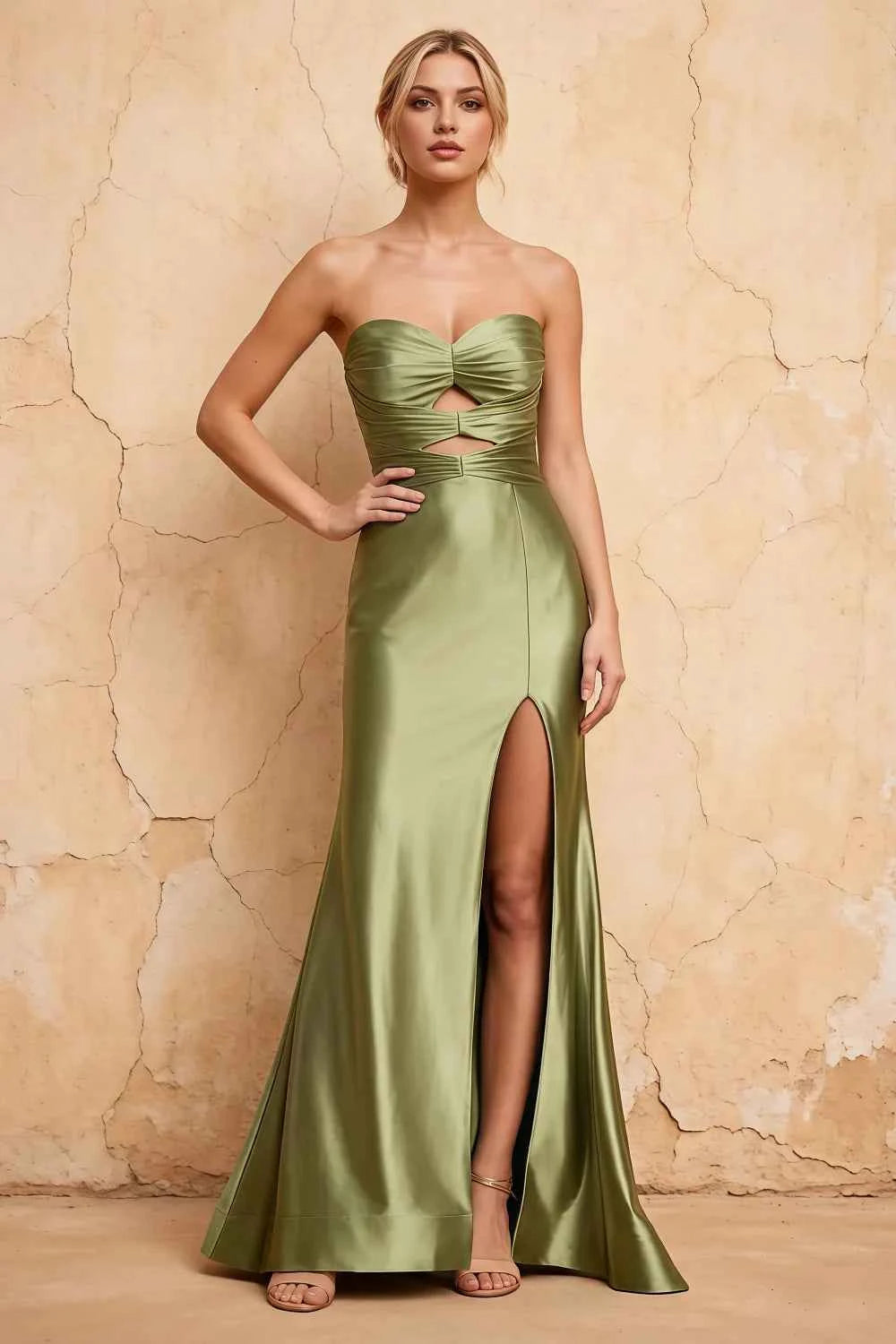 Karina Sage Green Satin Cutout Mermaid Maxi Dress