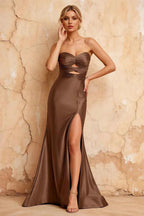 Karina Taupe Satin Cutout Mermaid Maxi Dress