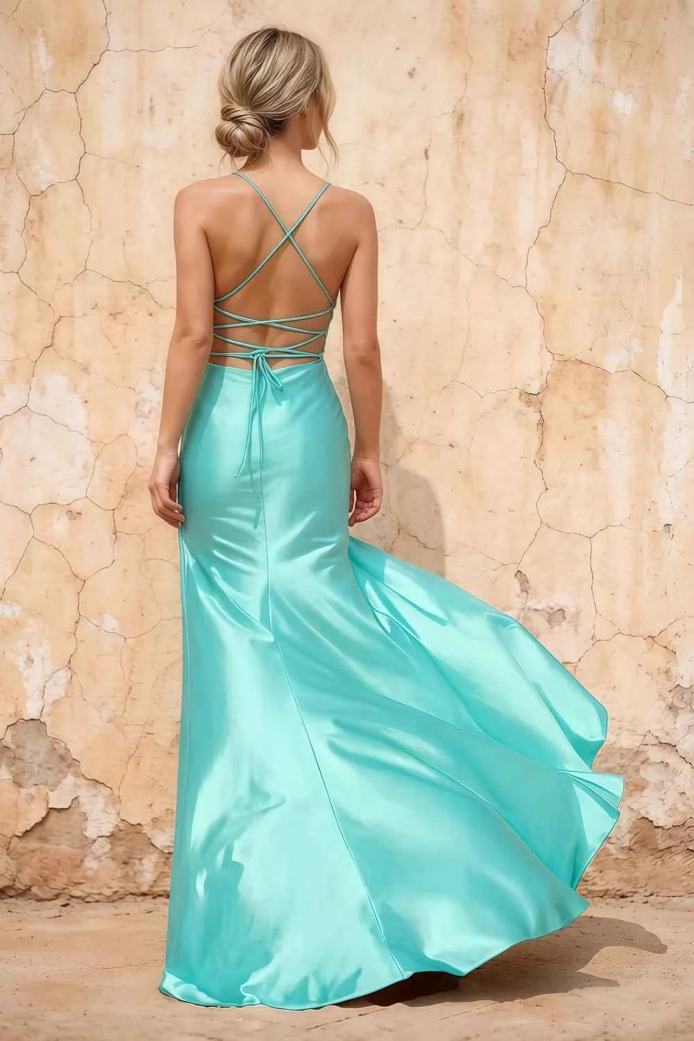 Kate Aqua Satin Pleated Lace-Up Maxi Dress