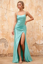 Kate Aqua Satin Pleated Lace-Up Maxi Dress