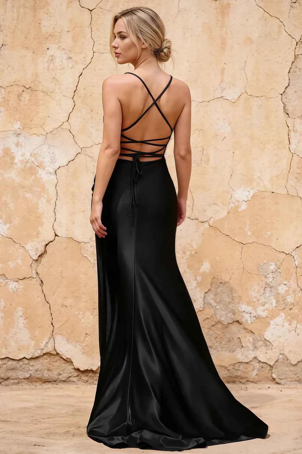 Kate Black Satin Pleated Lace-Up Maxi Dress Secondary image