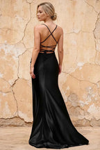 Kate Black Satin Pleated Lace-Up Maxi Dress