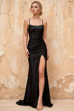 Kate Black Satin Pleated Lace-Up Maxi Dress