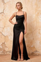 Kate Black Satin Pleated Lace-Up Maxi Dress