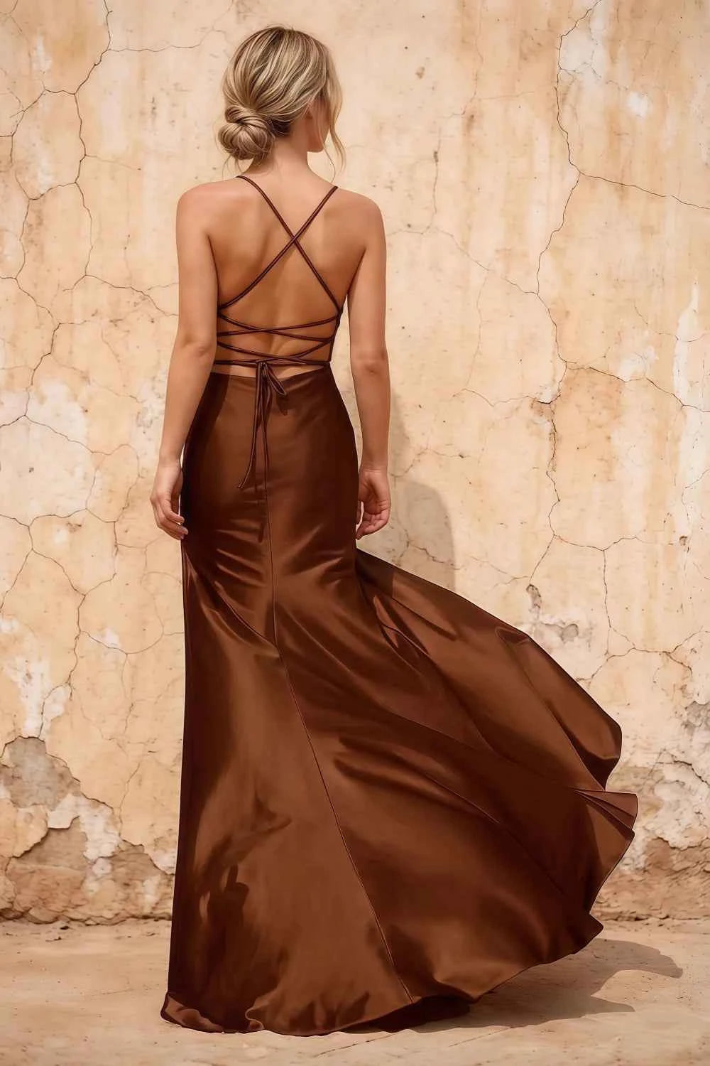 Kate Brown Satin Pleated Lace-Up Maxi Dress Secondary image