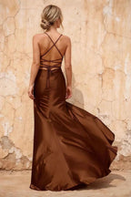 Kate Brown Satin Pleated Lace-Up Maxi Dress