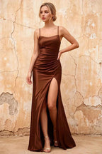 Kate Brown Satin Pleated Lace-Up Maxi Dress