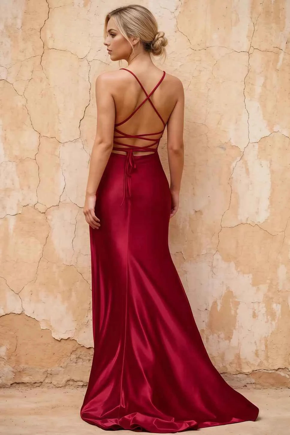 Kate Burgundy Satin Pleated Lace-Up Maxi Dress Secondary image