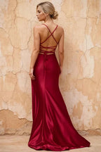 Kate Burgundy Satin Pleated Lace-Up Maxi Dress